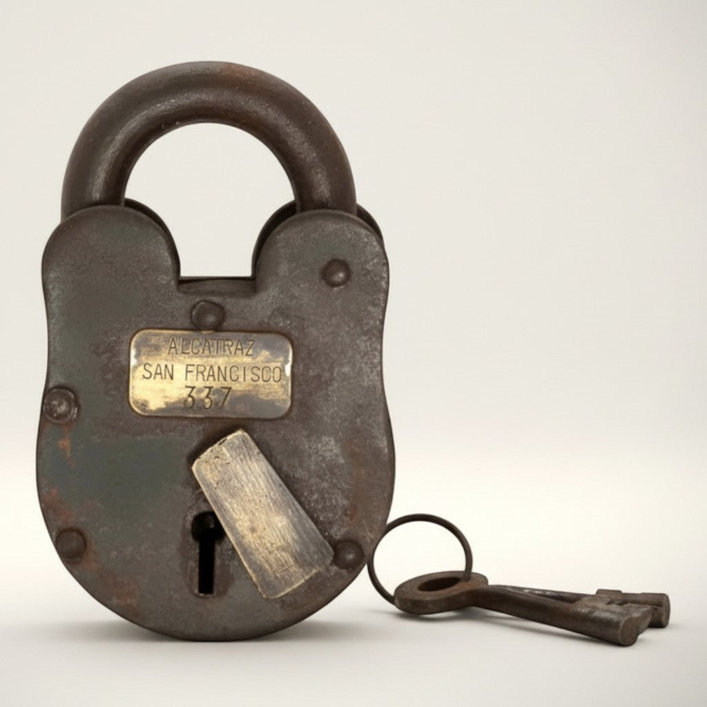 Jones Peak Alcatraz Prison San Francisco cast iron lock with keys, antique distressed finish, for display and collection.