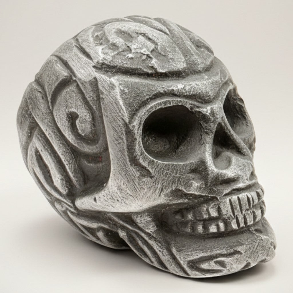 Jones Peak antique finish aluminum skull paperweight with carved details and distressed texture.