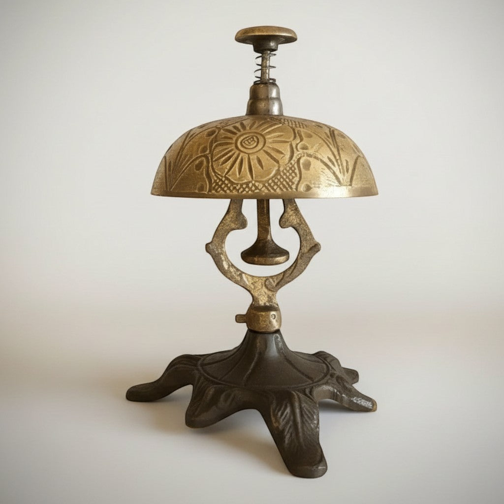 Jones Peak floral engraved solid brass hotel desk bell on a decorative stand with a hand-antiqued patina.