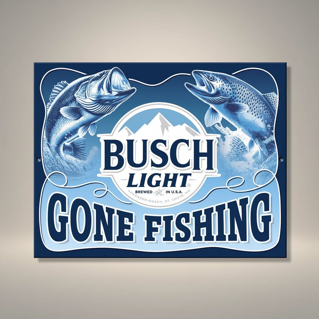 Jones Peak Busch Light Gone Fishing metal sign with two fish and mountains. American made, UV resistant inks, pre-drilled holes.