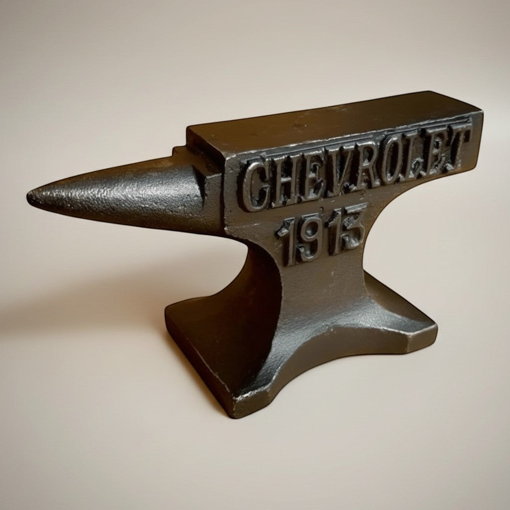 Jones Peak dark grey cast iron anvil paperweight with Chevrolet 1915 embossed on the side.