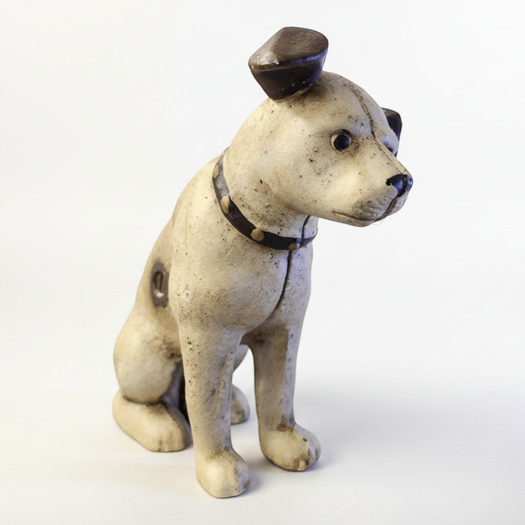 Jones Peak cast iron dog coin bank with antique patina finish, wearing a studded collar.