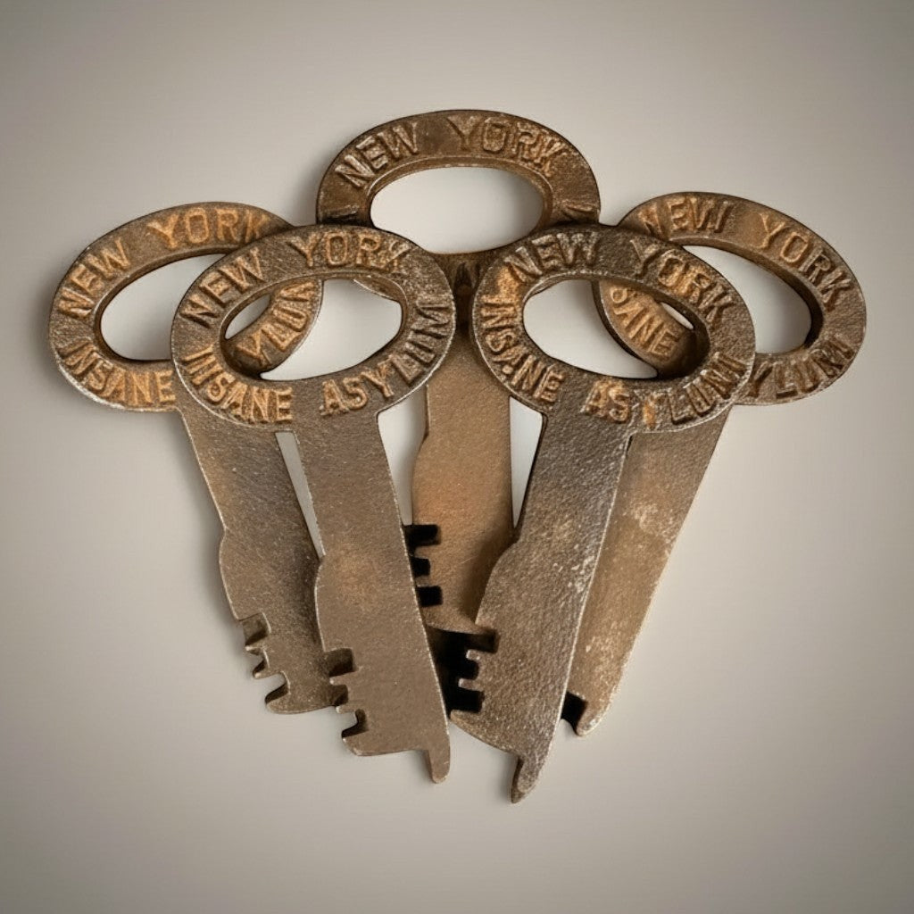 Jones Peak New York Insane Asylum cast iron 5-key set, hand-antiqued and distressed finish, decorative reproduction.