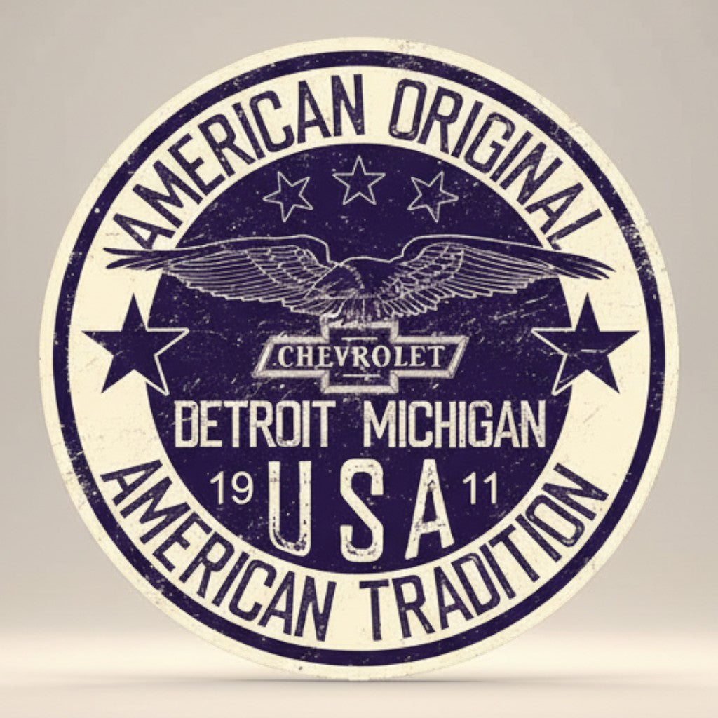 Jones Peak Chevy American Tradition round metal sign with eagle and stars, Detroit Michigan USA 1911