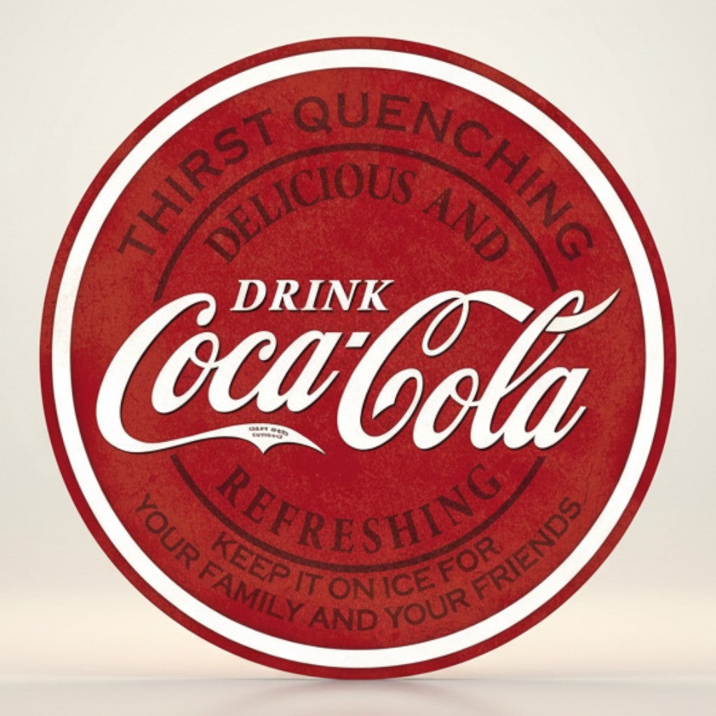 Jones Peak Coca-Cola round metal sign with vintage distressed red finish and white lettering.