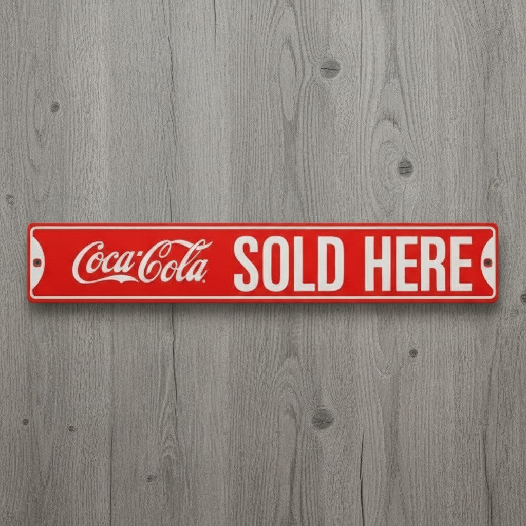 Jones Peak Coca-Cola Sold Here embossed metal street sign, red with white lettering, vintage advertising.