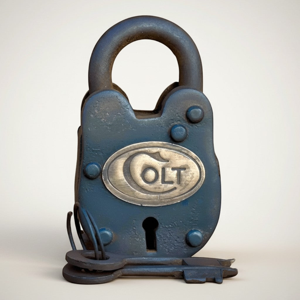 Jones Peak Colt cast iron lock in blue with brass tag and keys, antique finish.