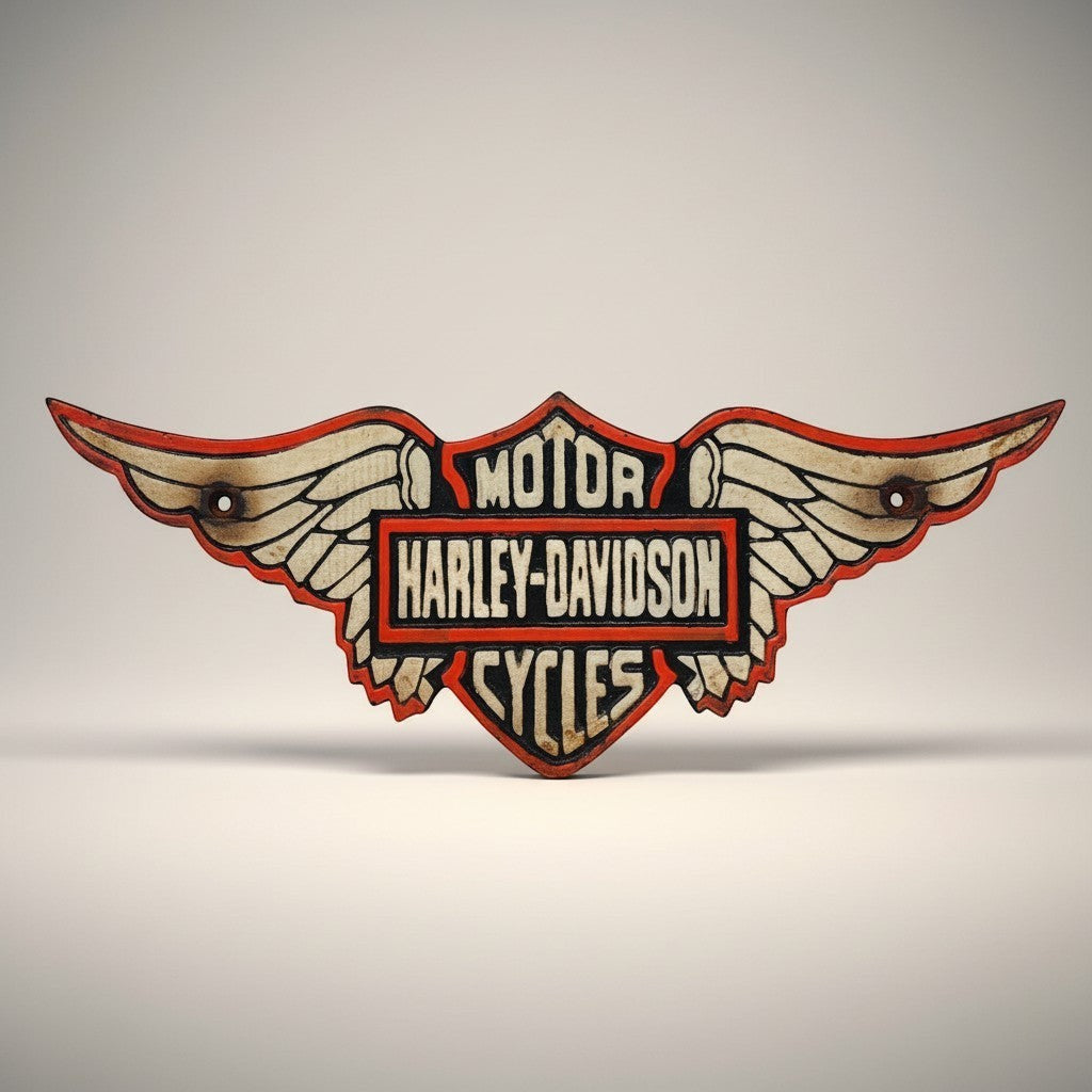 Jones Peak Harley-Davidson winged cast iron wall plaque with red and white detailing, antique patina finish.