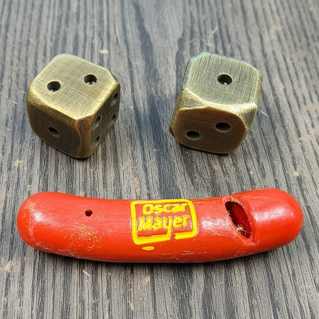 Jones Peak red plastic hot dog novelty whistle with Oscar Mayer logo and two brass dice.