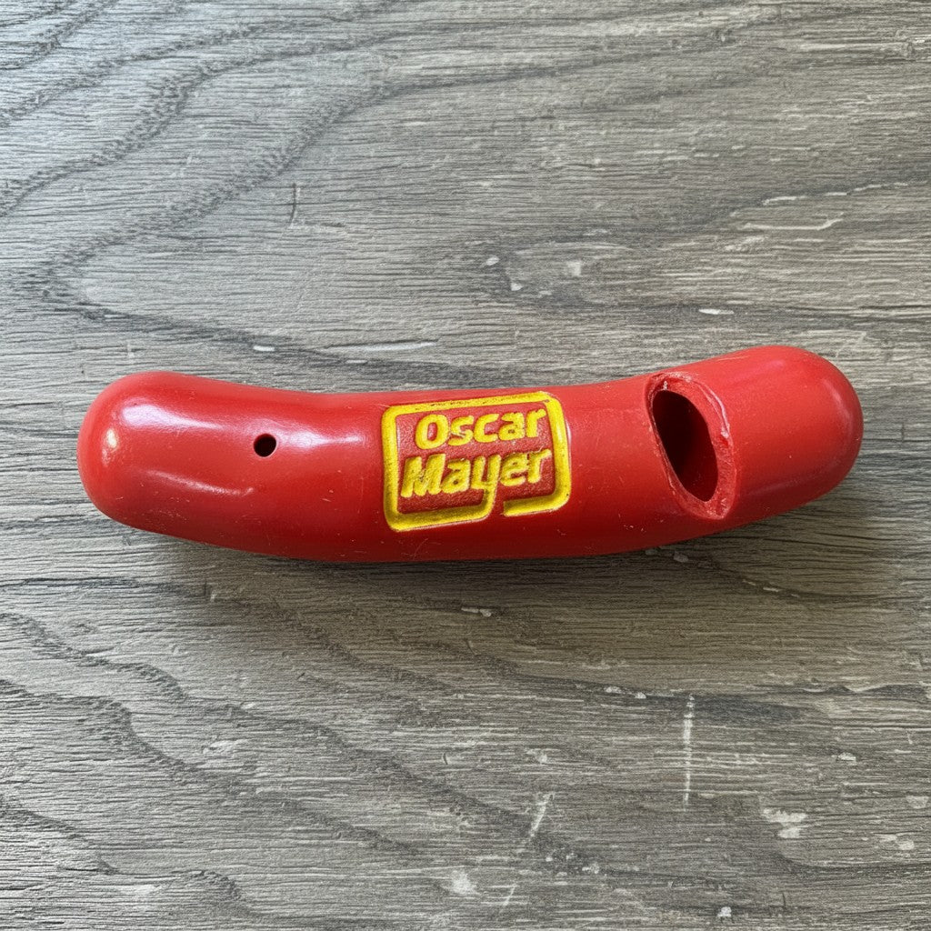 Jones Peak red plastic hot dog novelty whistle with Oscar Mayer logo, 2" long.