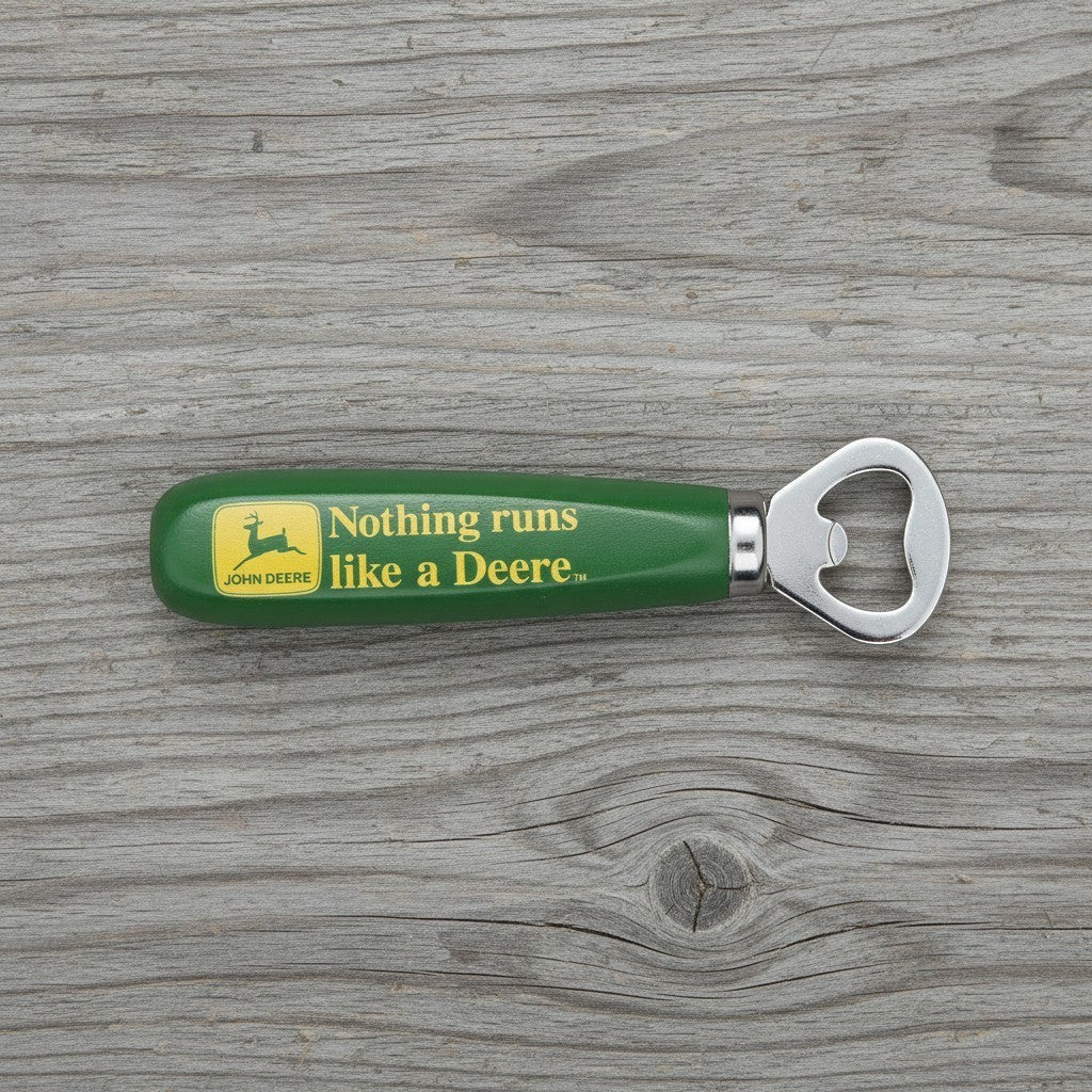 Jones Peak John Deere green wooden bottle opener with yellow logo and text "Nothing runs like a Deere."