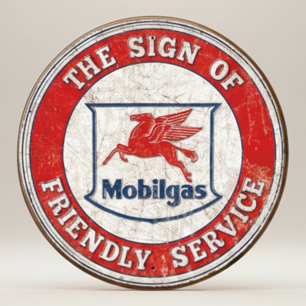 Jones Peak ROUND Mobil Friendly Service metal sign with red and white distressed design featuring a winged horse and Mobilgas logo.