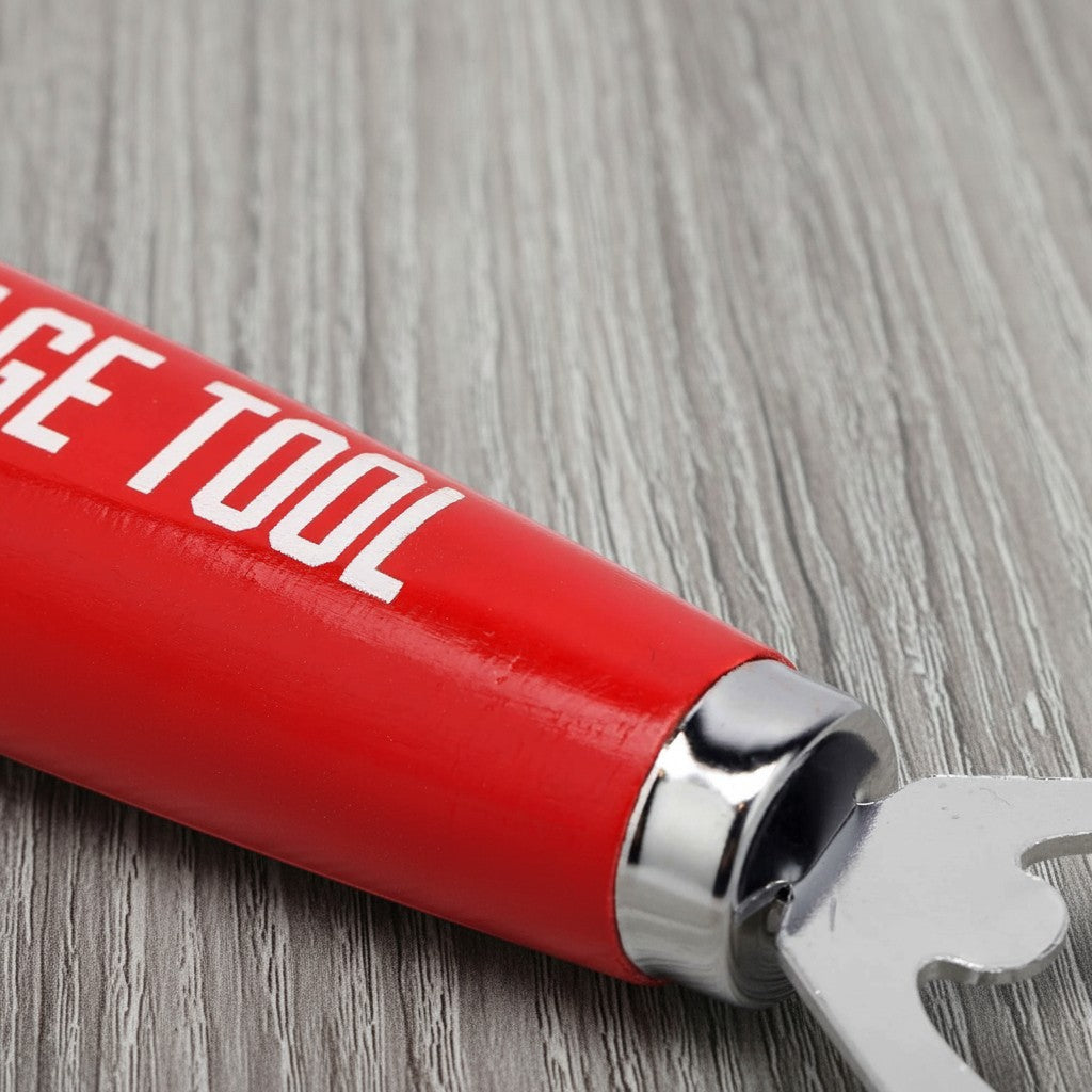 Jones Peak red hardwood bottle opener with white "Garage Tool" text and silver metal opener.