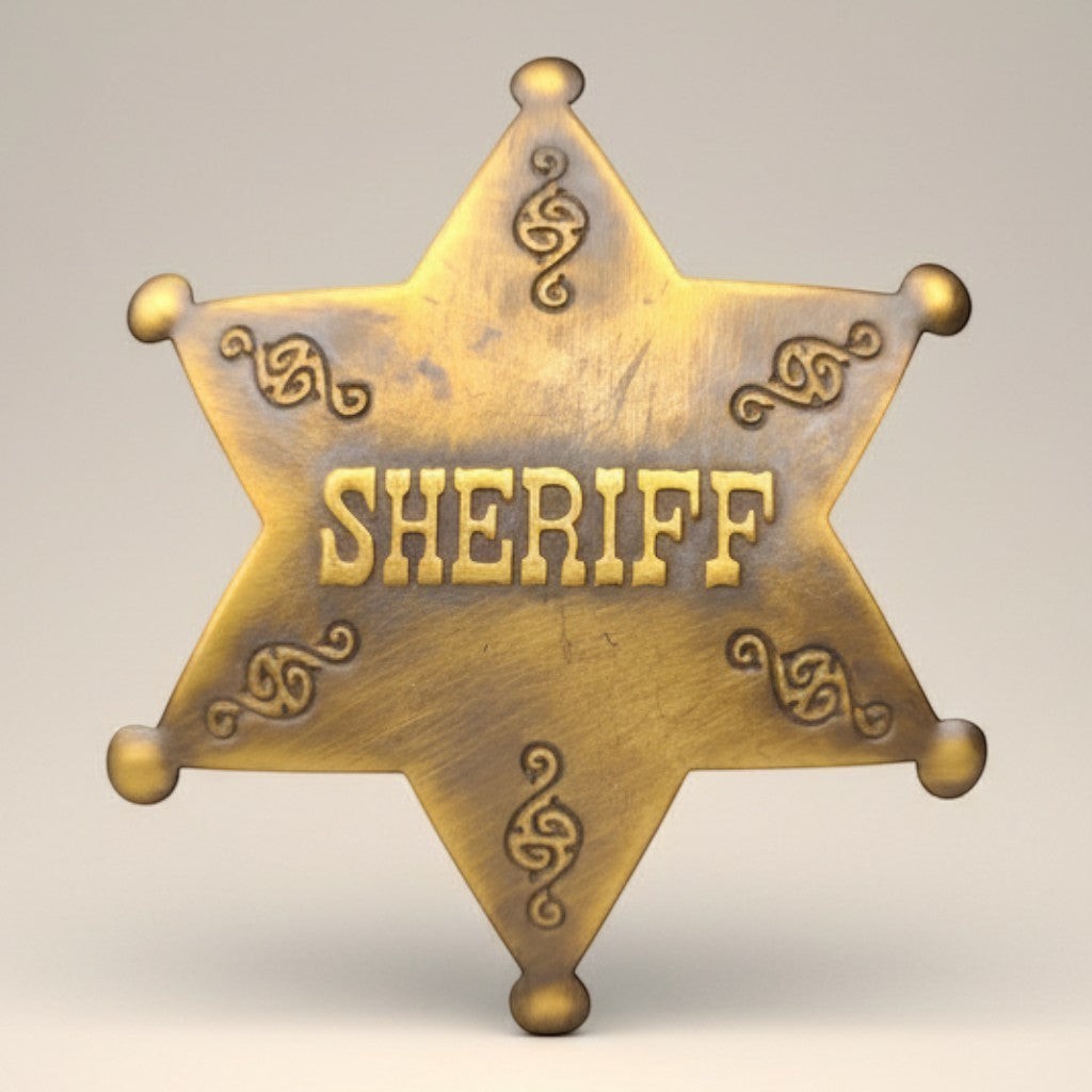 Jones Peak Old West Sheriff star badge in solid brass with antiqued finish and decorative scrollwork. Features 'SHERIFF' text.