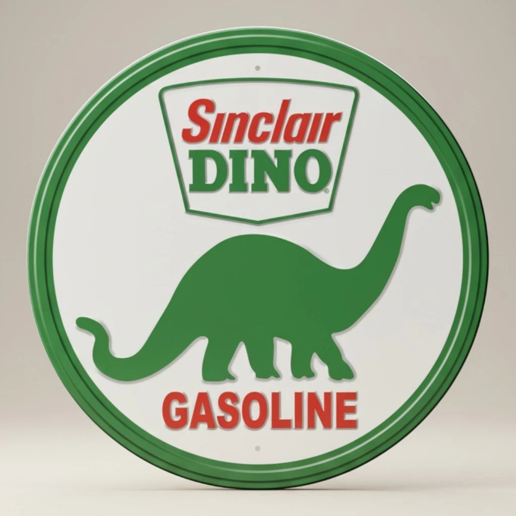Jones Peak Round Sinclair Dino Gasoline metal sign with green dinosaur and red lettering.