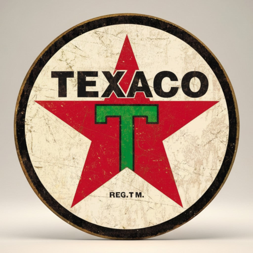 Jones Peak vintage Texaco '36 round metal sign with red star and green T logo. Distressed finish.