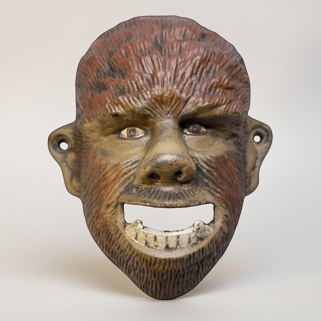 Jones Peak Wolfman cast iron wall bottle opener, hand-painted with antiqued finish. Functional decor for bars, garages, and kitchens.