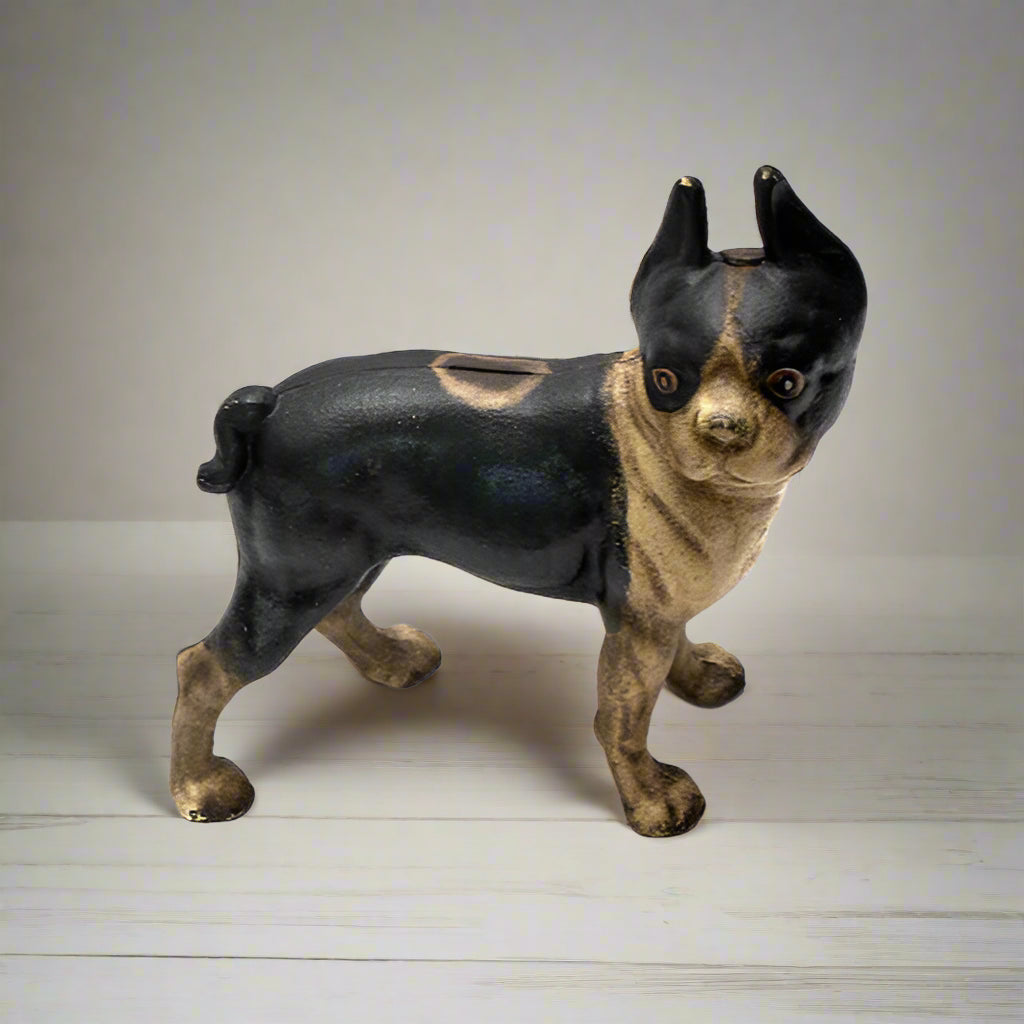 Boston Terrier Cast Iron Coin Bank With Painted Antique Finish (10" x 8")