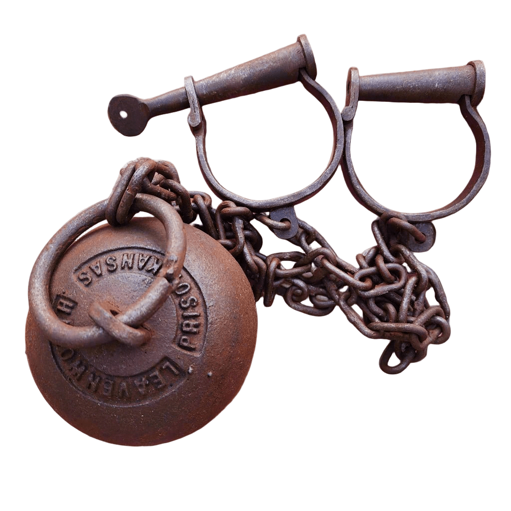Leavenworth Prison Cast Iron Working Ball & Chain Leg Irons With Antique Finish (28" Long) - Jones Peak