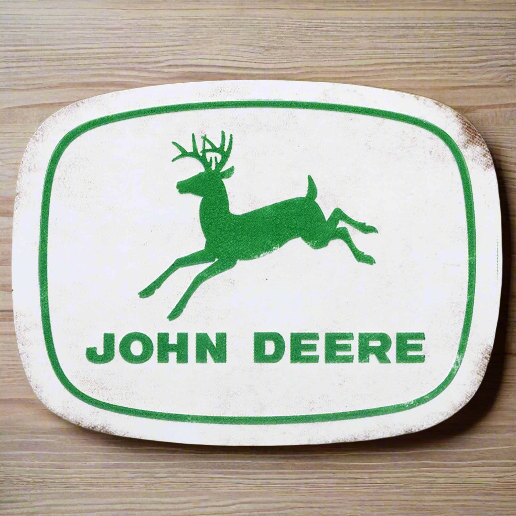John Deere logo rustic metal magnet featuring a classic design, measuring 3" x 2.25" by Open Roads.