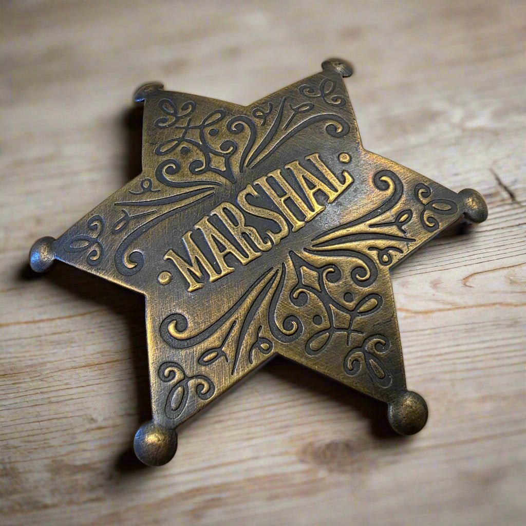 Marshal Old West Solid Brass Ornate Star Badge With Antique Finish & Soldered Pin (3" x 2.25") - Jones Peak