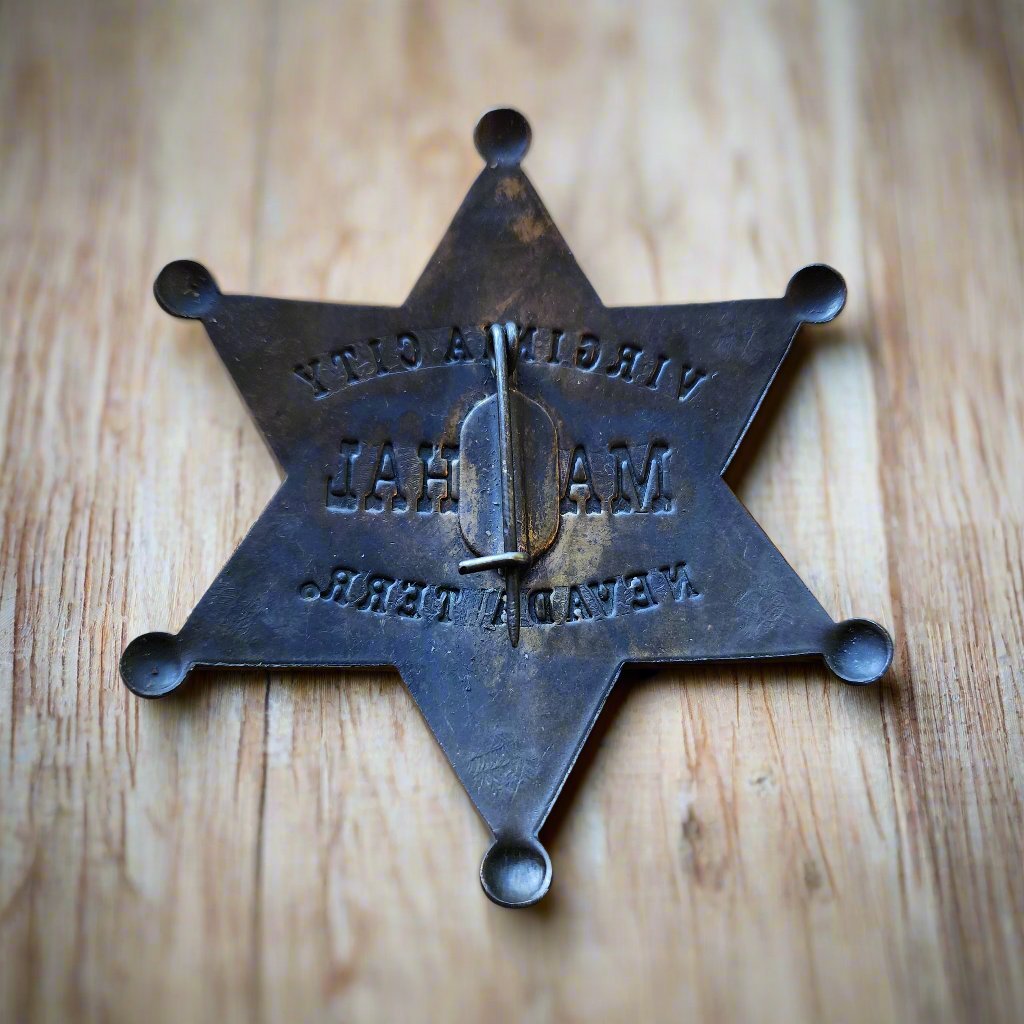 Marshal Virginia City Nevada Terr. Solid Brass Star Badge With Antique Finish & Soldered Pin (3" x 2.25") - Jones Peak