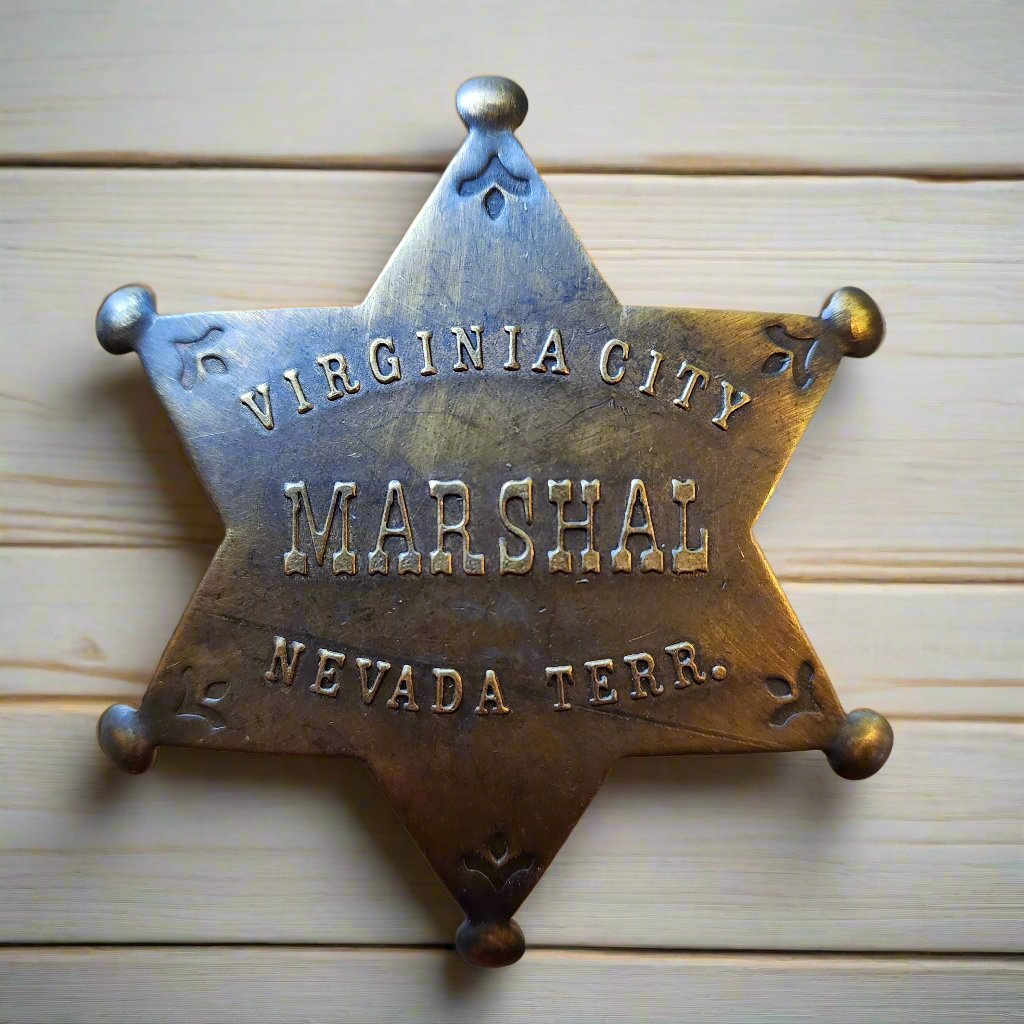 Marshal Virginia City Nevada Terr. Solid Brass Star Badge With Antique Finish & Soldered Pin (3" x 2.25") - Jones Peak