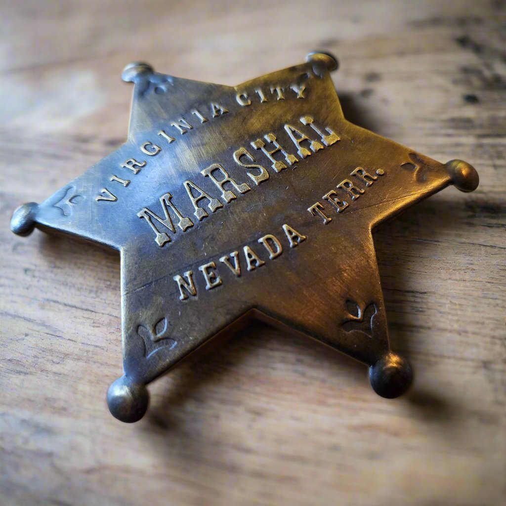 Marshal Virginia City Nevada Terr. Solid Brass Star Badge With Antique Finish & Soldered Pin (3" x 2.25") - Jones Peak