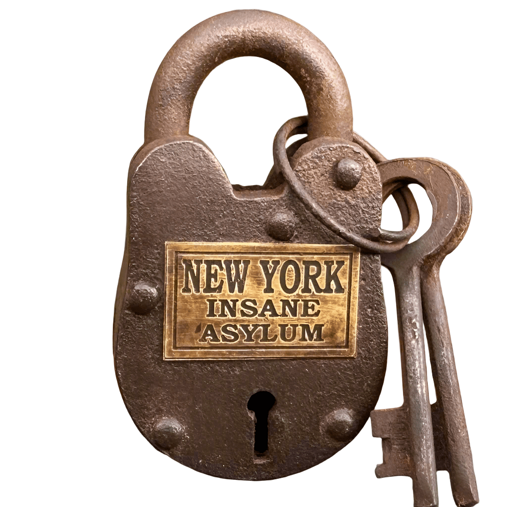 New York Insane Asylum Cast Iron Gate Lock With Brass Tag & Keys (2.5" x 1.5") - Jones Peak
