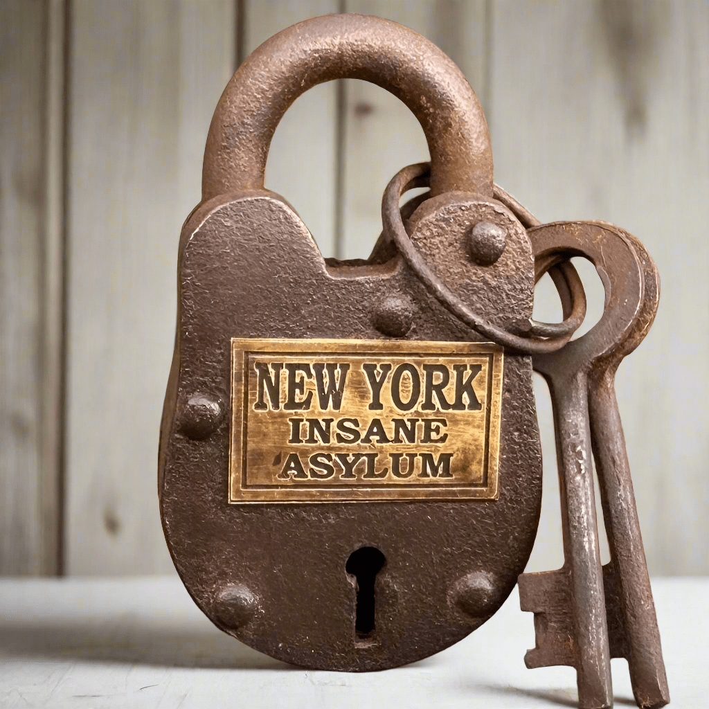 New York Insane Asylum Cast Iron Gate Lock With Brass Tag & Keys (2.5" x 1.5") - Jones Peak