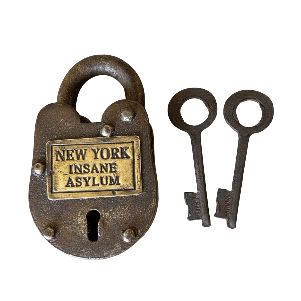 New York Insane Asylum Cast Iron Gate Lock With Brass Tag & Keys (2.5" x 1.5") - Jones Peak
