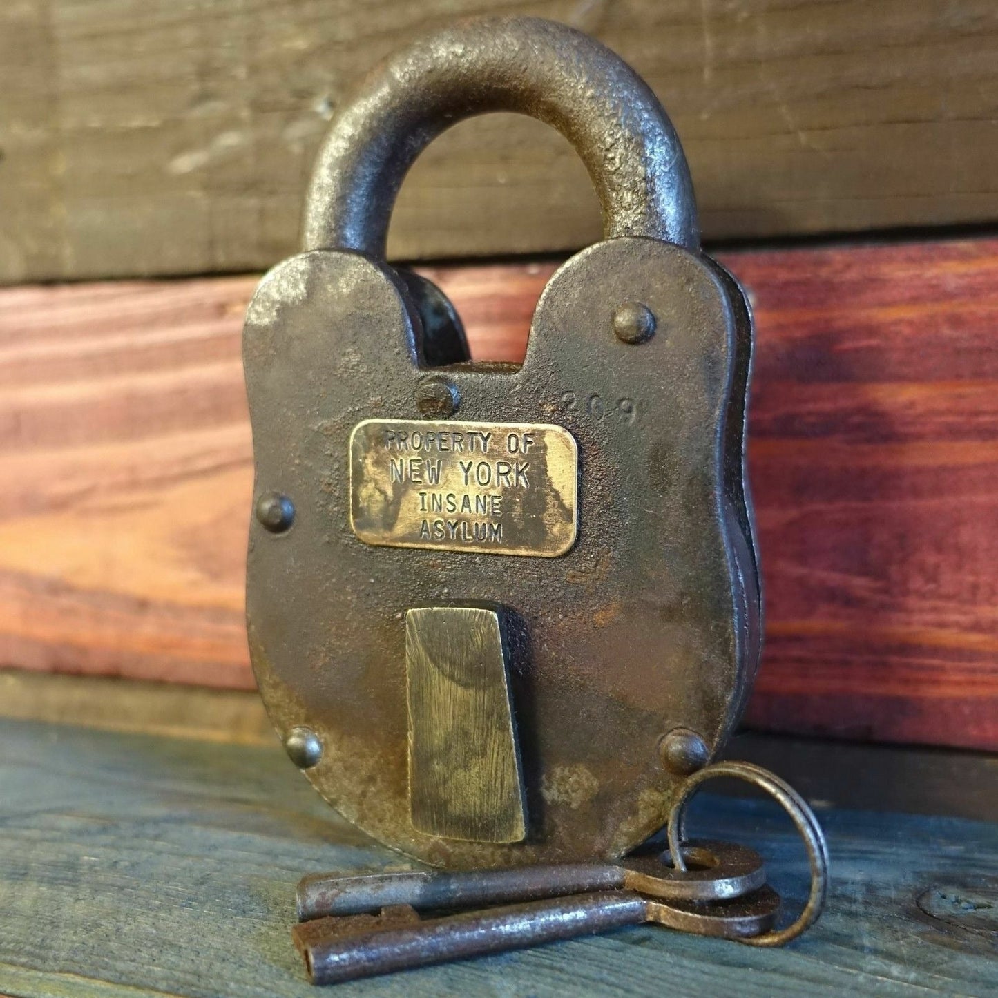 New York Insane Asylum Cast Iron Lock & Keys With Antique Finish (3" x 5") - Jones Peak