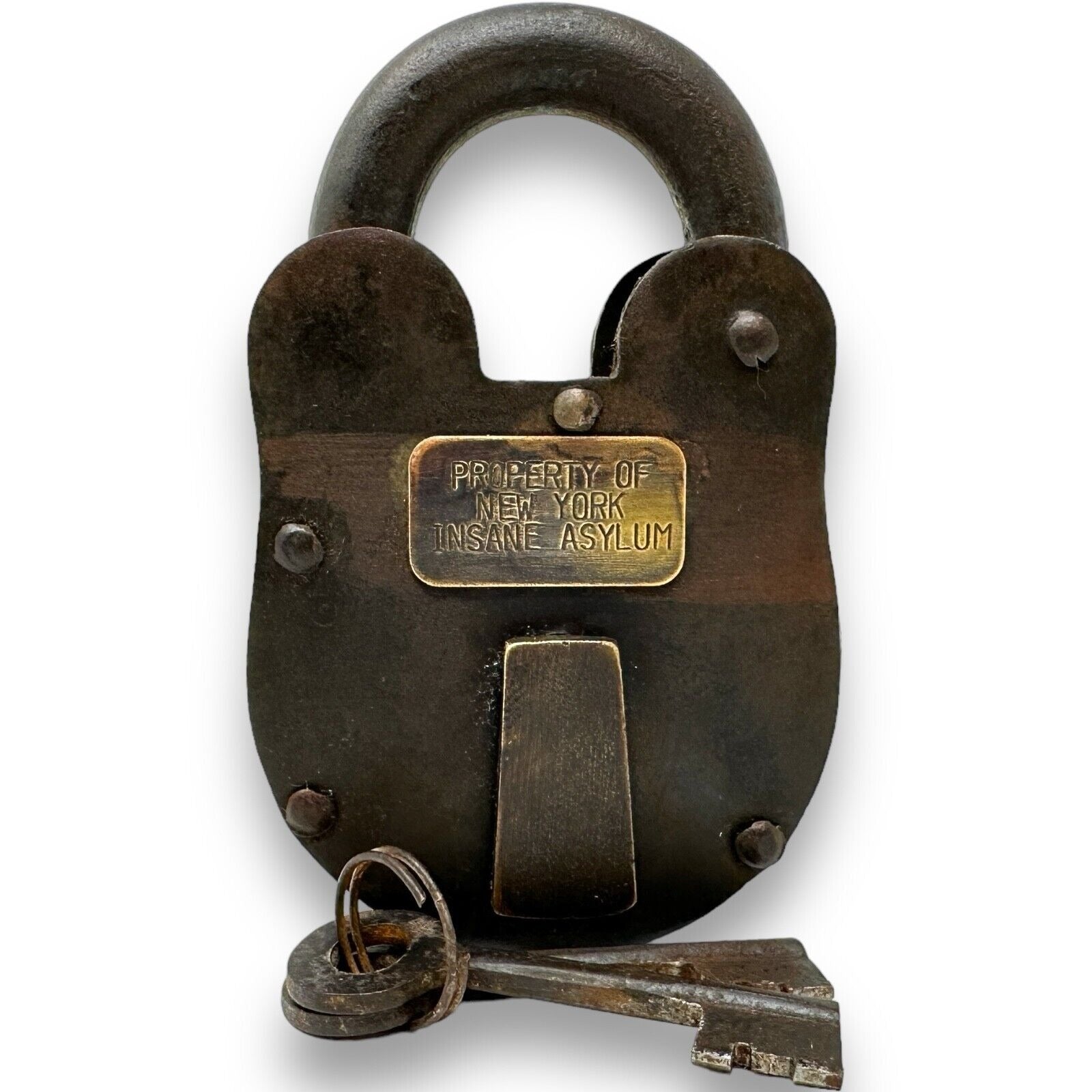 New York Insane Asylum Cast Iron Lock & Keys With Antique Finish (3" x 5") - Jones Peak