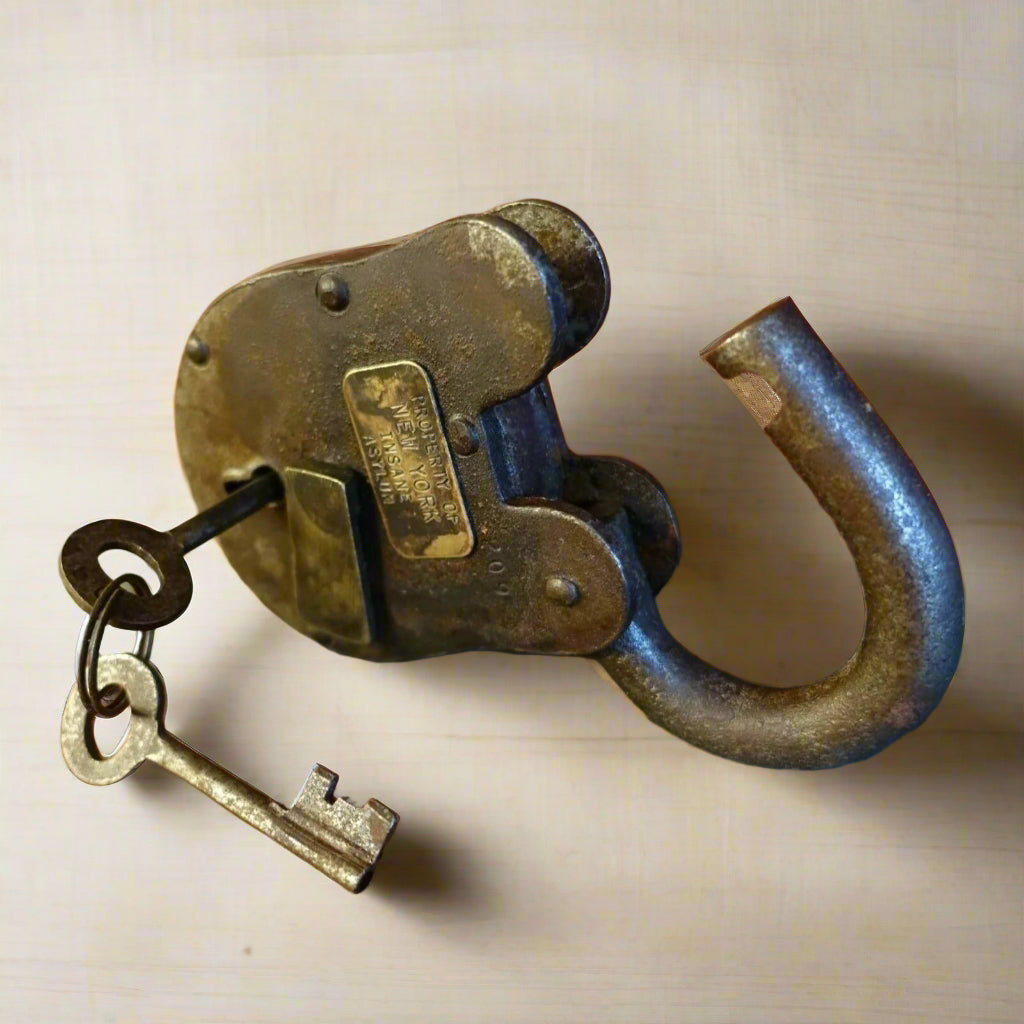 New York Insane Asylum Cast Iron Lock & Keys With Antique Finish (3" x 5") - Jones Peak