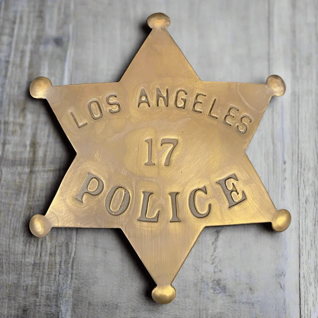LAPD Police Star Solid Brass Badge With Antique Finish & Soldered Pin Back (3" x 2.25") - Jones Peak