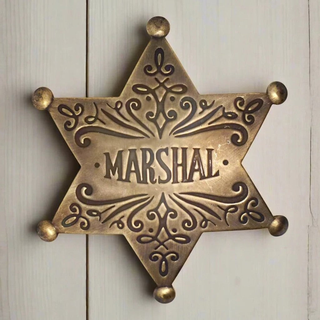 Marshal Old West Solid Brass Ornate Star Badge With Antique Finish & Soldered Pin (3" x 2.25") - Jones Peak
