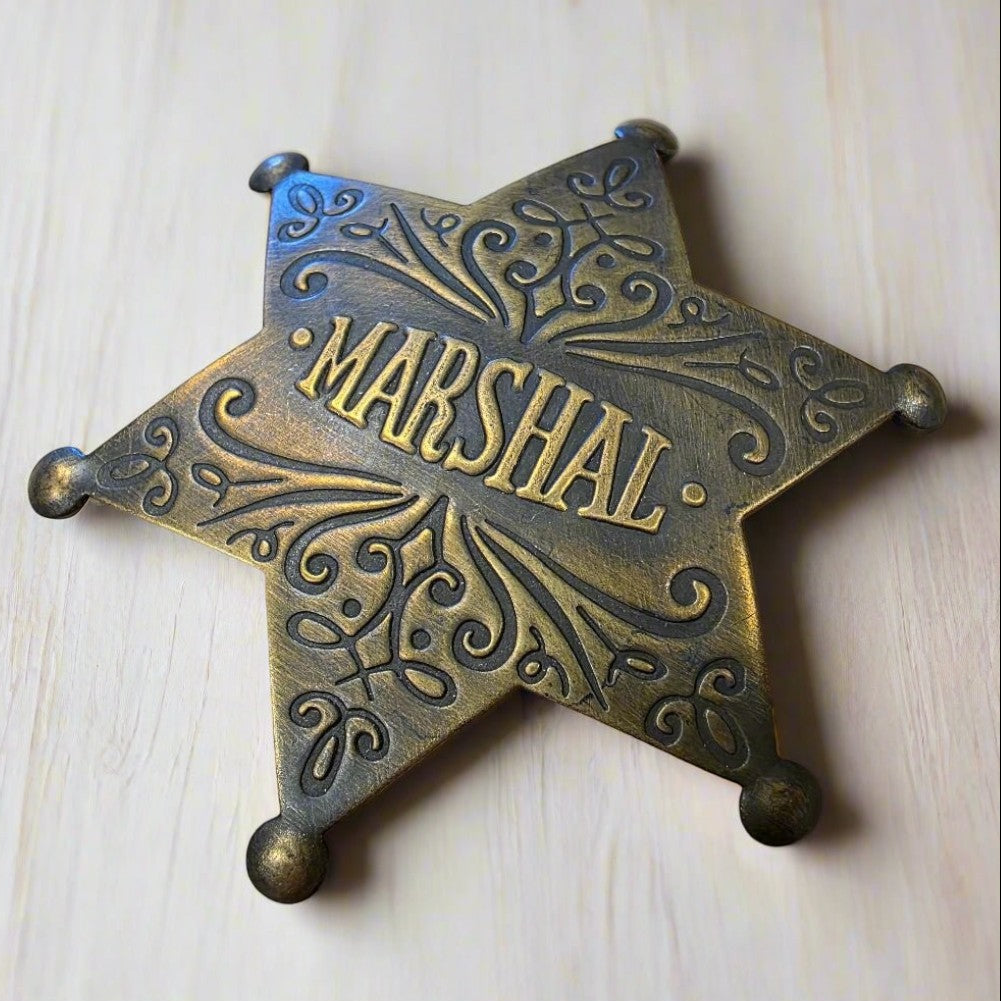 Marshal Old West Solid Brass Ornate Star Badge With Antique Finish & Soldered Pin (3" x 2.25") - Jones Peak