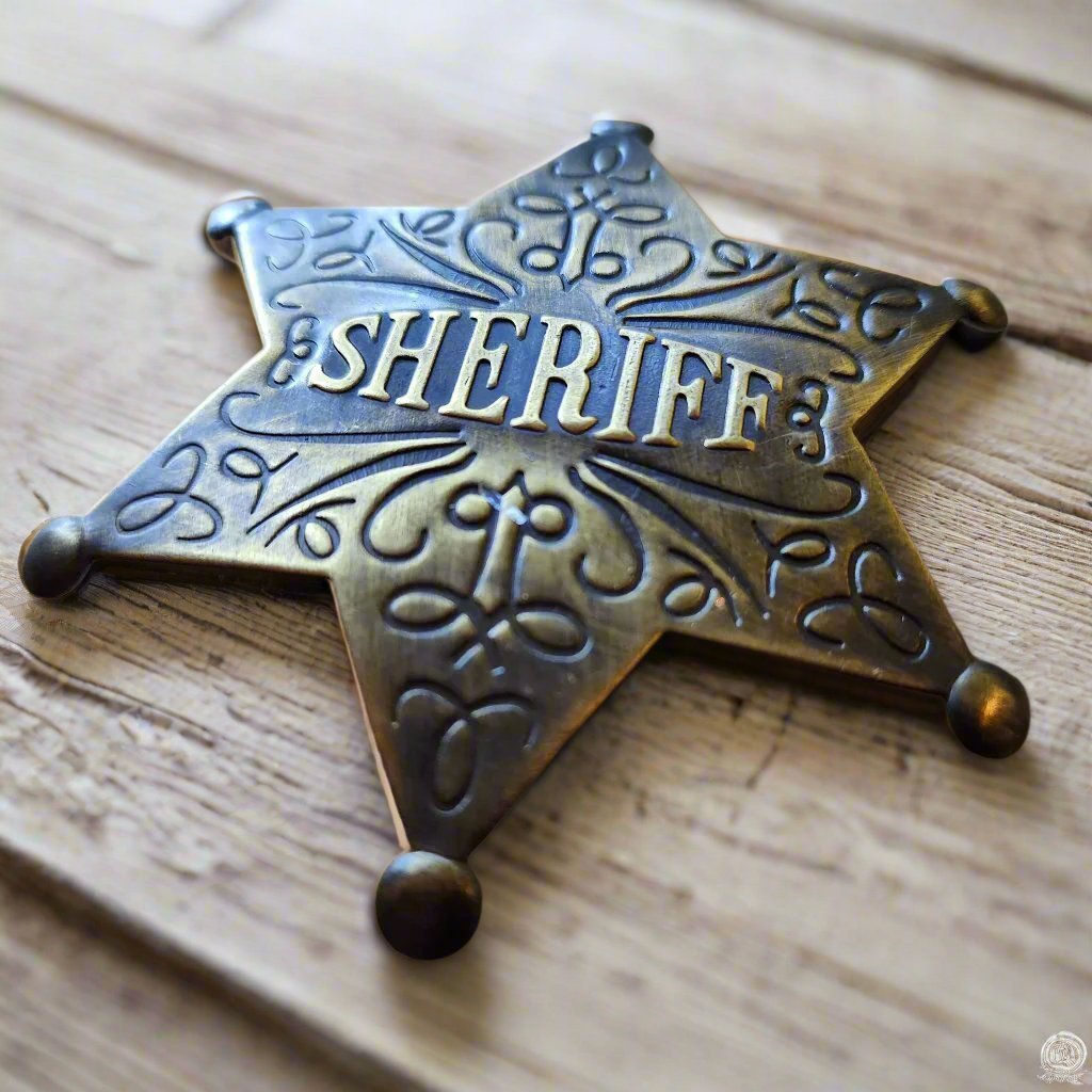 Sheriff Old West Solid Brass Ornate Star Badge With Antique Finish & Soldered Pin (3" x 2.25") - Jones Peak