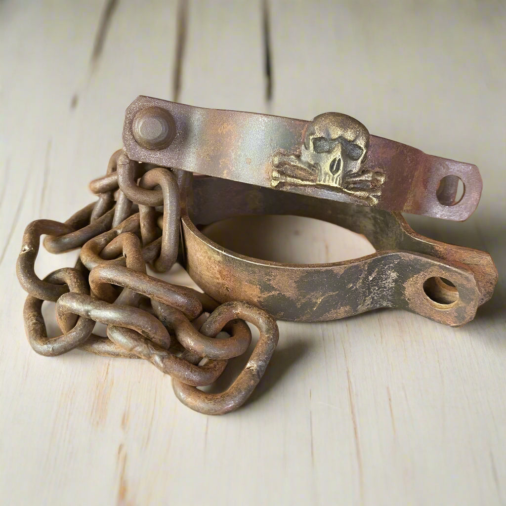 Pirate Handcuffs Cast Iron Brass Skull & Crossbones Tag With Antique Finish (27" Long) - Jones Peak