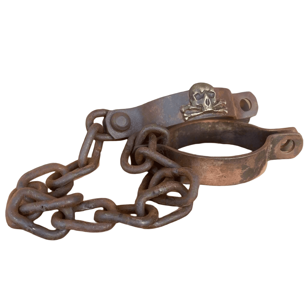 Pirate Handcuffs Cast Iron Brass Skull & Crossbones Tag With Antique Finish (27" Long) - Jones Peak
