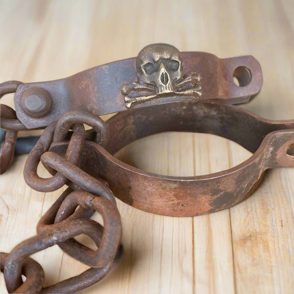 Pirate Handcuffs Cast Iron Brass Skull & Crossbones Tag With Antique Finish (27" Long) - Jones Peak