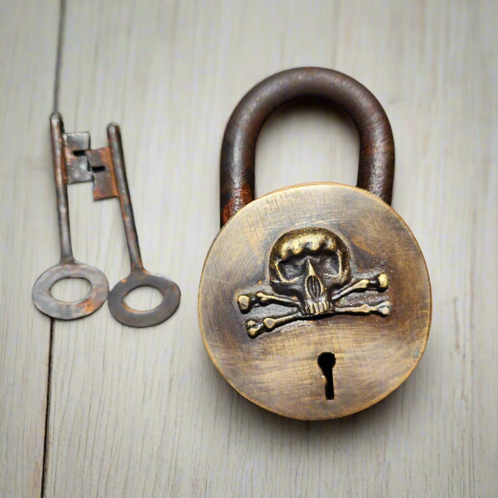 Pirate Solid Brass Lock With Raised Skull & Crossbones Antique Finish (3.5" x 2.75") - Jones Peak