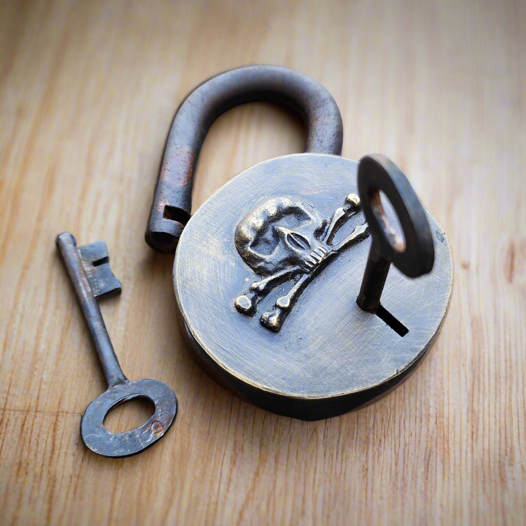 Pirate Solid Brass Lock With Raised Skull & Crossbones Antique Finish (3.5" x 2.75") - Jones Peak