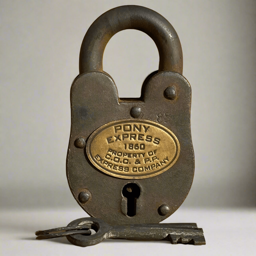 Pony Express 1860 Cast Iron Lock With Brass Tag & 2 Keys (3.75" x 2.25") - Jones Peak
