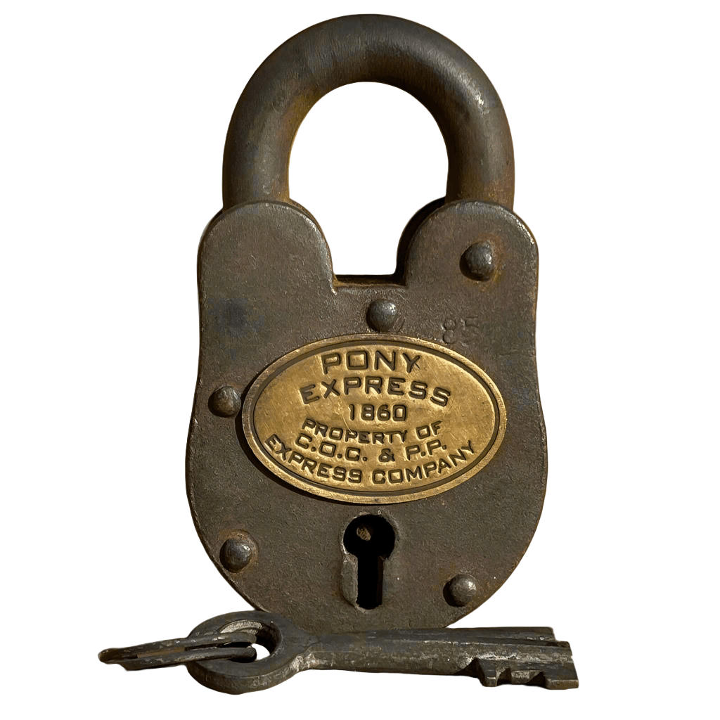 Pony Express 1860 Cast Iron Lock With Brass Tag & 2 Keys (3.75" x 2.25") - Jones Peak