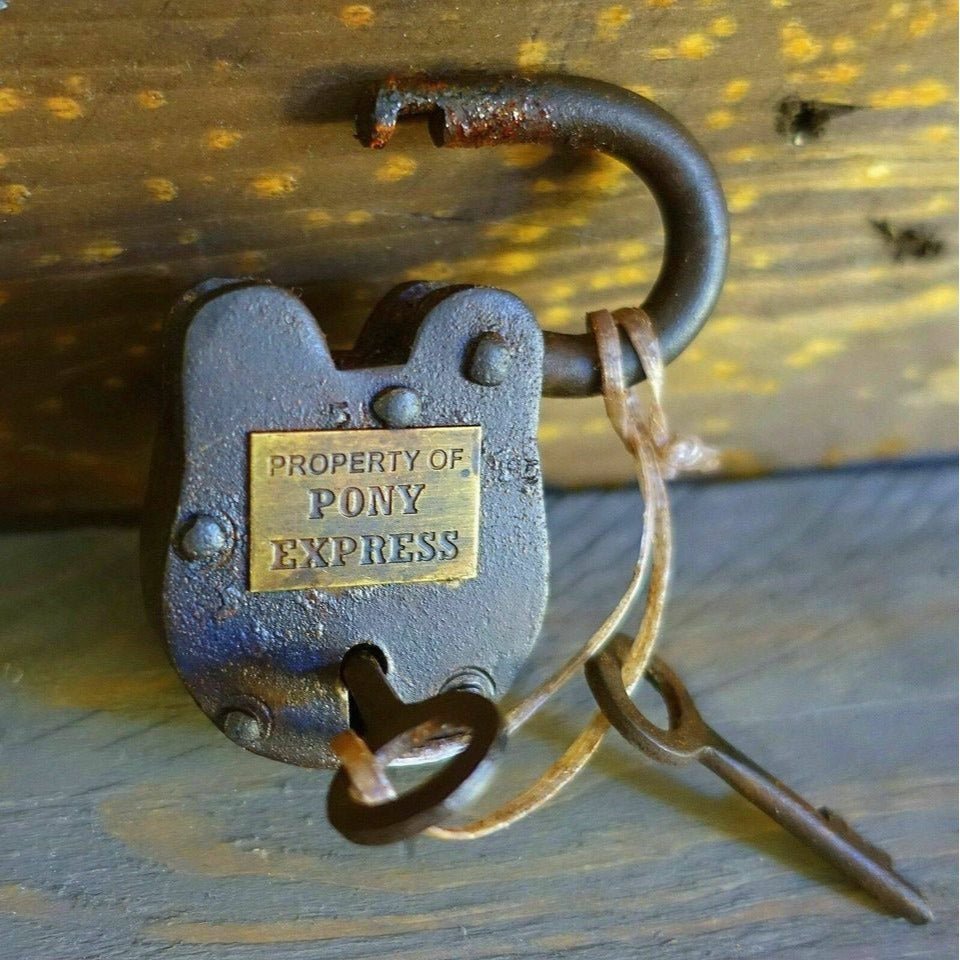 Pony Express Cast Iron Gate Lock With Brass Tag & Keys (2.5" x 1.5") - Jones Peak