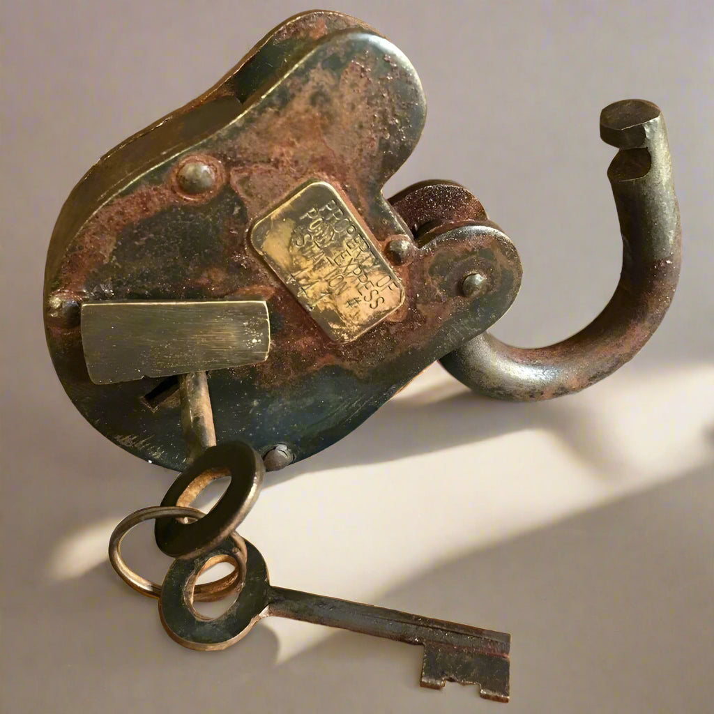 Pony Express Cast Iron Lock With Brass Tag & Antique Finish (3" x 5") - Jones Peak