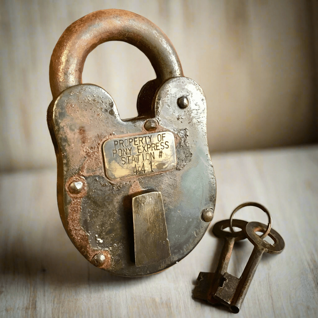 Pony Express Cast Iron Lock With Brass Tag & Antique Finish (3" x 5") - Jones Peak
