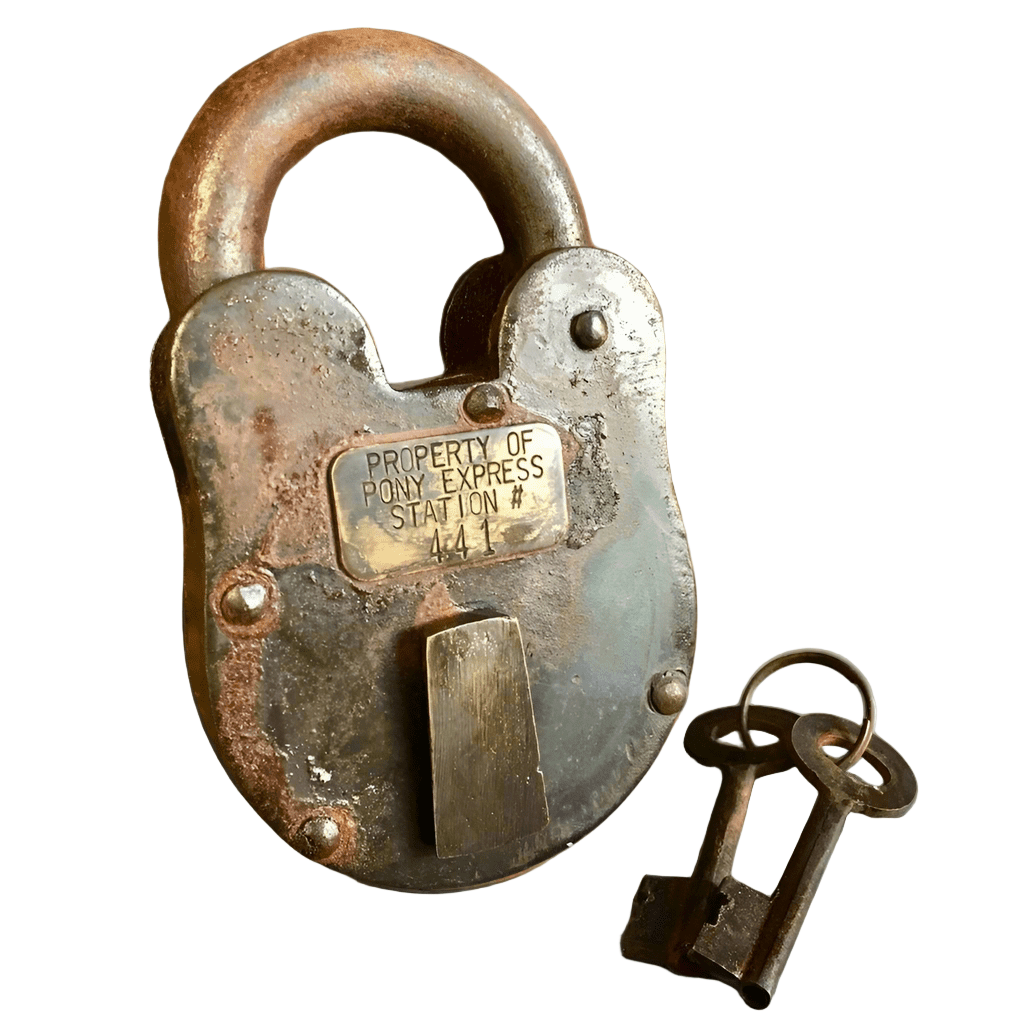 Pony Express Cast Iron Lock With Brass Tag & Antique Finish (3" x 5") - Jones Peak
