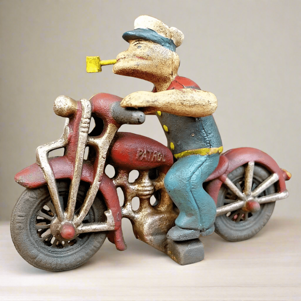 Popeye Sailor Man Patrol Motorcycle Figurine Cast Iron Painted With Antique Finish (8" x 6") - Jones Peak